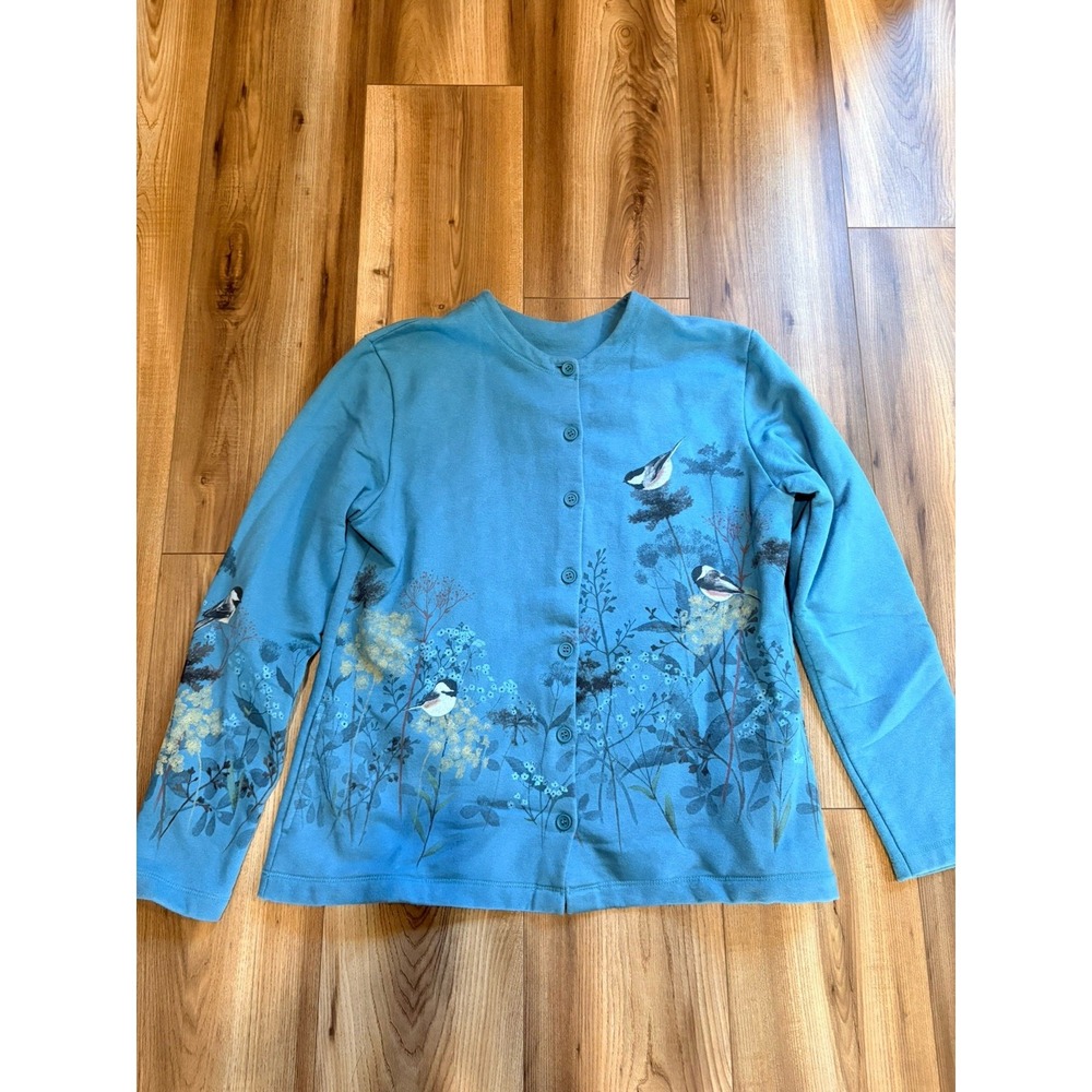 Artisans Sweatshirt Cardigan Teal Green Finch Birds Print Women's Medium Cotton